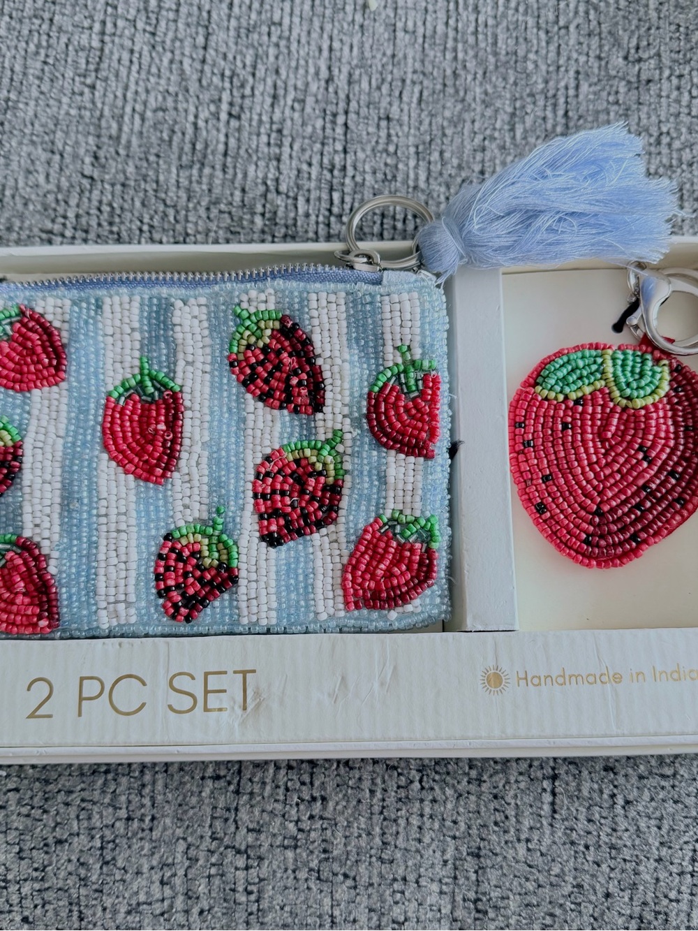 Beaded Strawberry Coin Purse and Keychain Set - Light Blue and Red